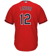 Load image into Gallery viewer, Francisco Lindor Cleveland Indians Majestic Alternate 2019 Cool Base Player Jersey – Scarlet/Navy